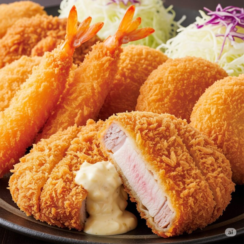 カツやコロッケ、エビフライの盛り合わせ