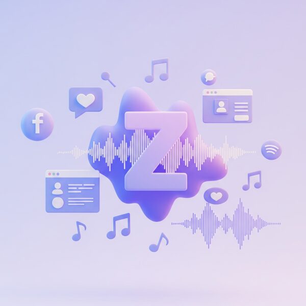 現代のデジタルインターフェースと音楽要素が融合し、Z世代のエネルギーを象徴する抽象的な形状を取り巻く、ミニマリストな3Dレンダリング。ウェブが新たな音楽シーンを育む様子を表現。