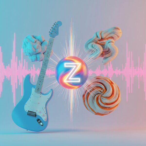 様々な音楽ジャンル(インディ、EDM、ヌーメタル、シューゲイズ)を象徴する要素が融合し、Z世代アーティストの創造性とジャンルを超えた革新性を表す光る抽象的な形を中心に集まった、ミニマリストな3Dレンダリング。