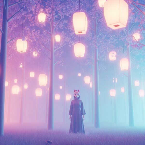 提灯の柔らかな光に照らされた夜の森、狐の面を被った人物が立っている。
