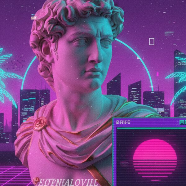 Vaporwaveの美学を表現したピンクと青のネオンアート。