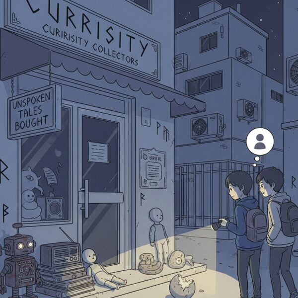 夜の路地裏にある「CURISIRITY COLLECTORS (UNSPOKEN TALES BOUGHT)」という看板を掲げた奇妙な店の前で、二人の少年がスマートフォンの光で地面を照らしているイラスト。店の前には、壊れたロボット、古いラジオ、無表情な人形、割れた卵のようなオブジェなど、「曰く付きの品」が並べられている。背景はミニマルな都市の建物で、不穏な雰囲気が漂う。