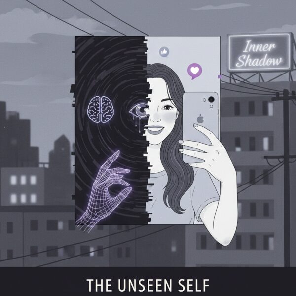 ミニマルなデザインで描かれた、SNSで笑顔を見せる女性の顔が、半分だけ内面の闇を露わにしているイラスト。左半分は脳のシンボル、目、そしてデジタルで表現された手が描かれ、心の複雑さや「裏の感情」を示唆している。背景には「Inner Shadow」と書かれたネオンサインが光り、SNSと都市の夜景が融合した不穏な雰囲気を醸し出している。