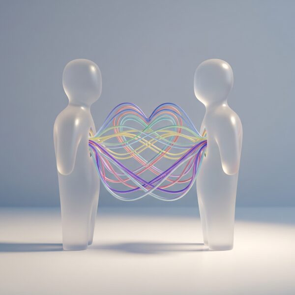 ミニマルな3Dレンダリングによる概念図。滑らかな半透明の抽象的な2つの人型フィギュアが対峙し、従来の単一のハートではなく、パステルカラーのグラデーションを持つ複数の流体的な線で複雑に絡み合って接続されている。これは、関係性の多様化と恋愛の規範を問い直す心理的なつながりを象徴している。