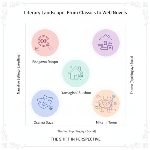 ミニマルなデザインで描かれた比較構造図。縦軸は「Narrative Setting (Everyday / Extraordinary)」（物語の舞台：日常／非日常）、横軸は「Theme (Psychology / Social)」（主題：心理／社会）。四つの象限に作家がプロットされている。  太宰治 (Osamu Dazai)：悲劇的な仮面と壊れたハートのアイコン（日常／心理）  江戸川乱歩 (Edogawa Ranpo)：拡大鏡と鋭い眼差しのアイコン（非日常／心理）  矢口水晶 (Yaguchi Suishoo)：鍵のかかった家のアイコン（日常／心理）  みかみてれん (Mikami Teren)：複数の人物が複雑に絡み合う関係性を示すアイコン（日常／社会）  これは文学の主題と舞台設定がどのように変遷してきたかを示している。
